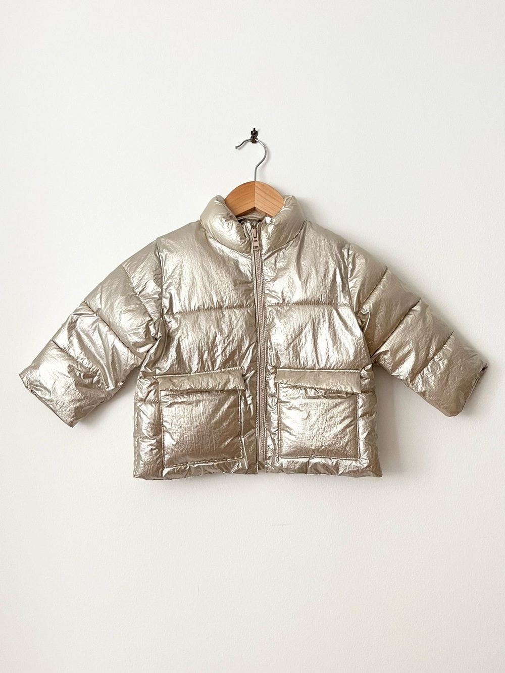 Zara Kids Girl's Metallic Gold Puffer Coat 18-24M Lightweight Warm Pockets